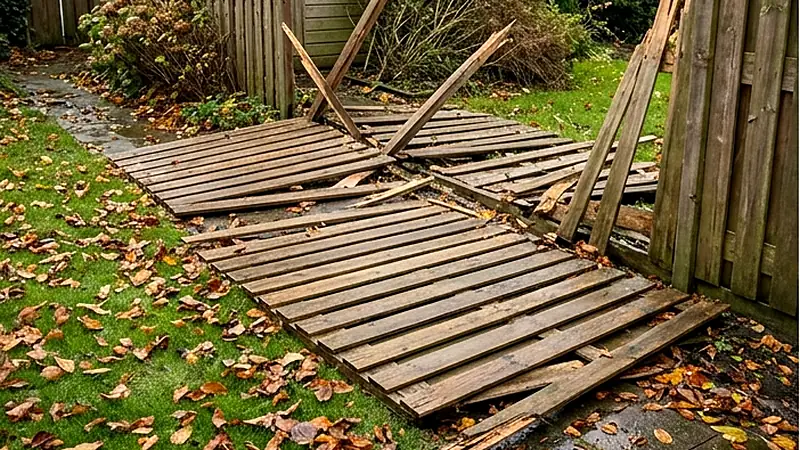 Omgewaaide houten schutting met losgeslagen schermen na een storm