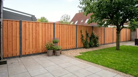 Hout-betonschutting met antraciet betonpalen naast een terras
